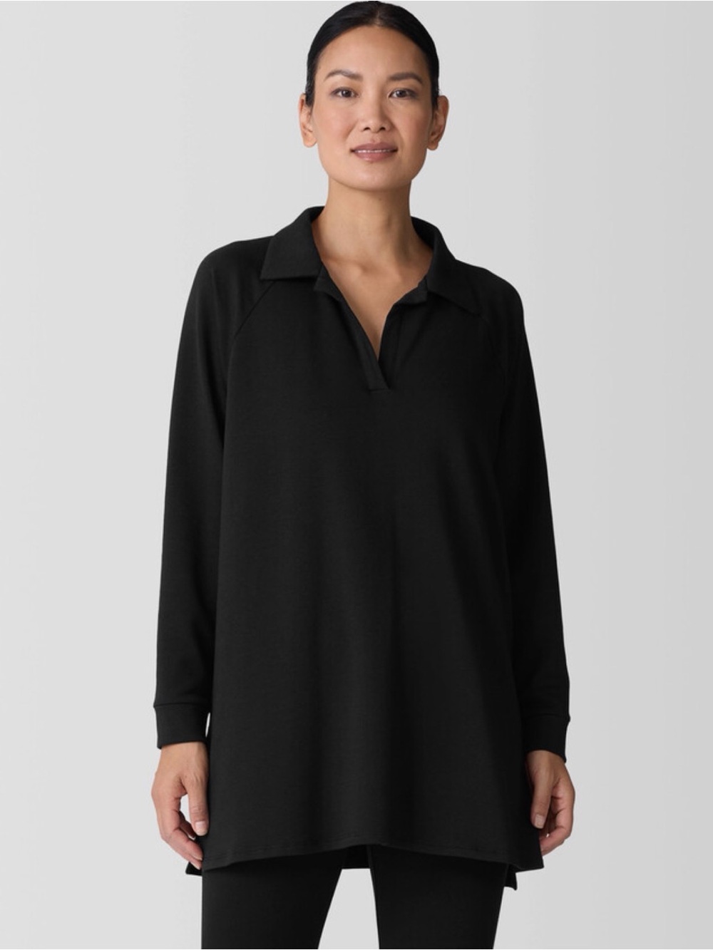 Eileen Fisher Tencel Organic Cotton Popover Tunic Top Washed Black 1X